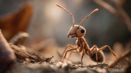 Close-up of a red ant on forest floor with detailed antennae and legs