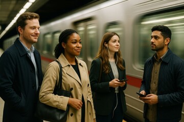 Group of young professionals waiting on subway platform with train in motion in background, urban city commuting concept captured in natural light. Ai generative