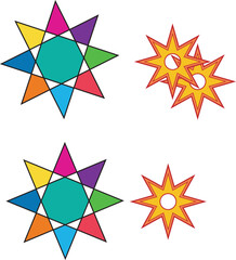 Bright colorful abstract star shapes and explosive bursts vector design elements on white