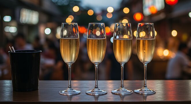 Elegant champagne flutes filled with a light-colored sparkling wine on a bar counter, with a blurred backdrop of a bustling Asian night market, suggesting a cultural experience. 