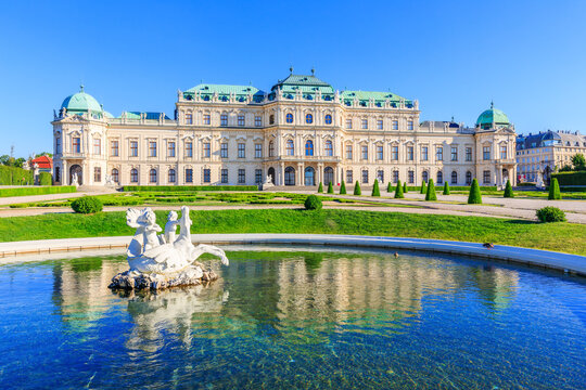 Vienna, Austria. Upper Belvedere Palace with reflection in the water fountain.