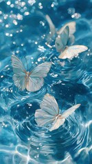 White butterflies floating on rippling blue water with sparkling reflections