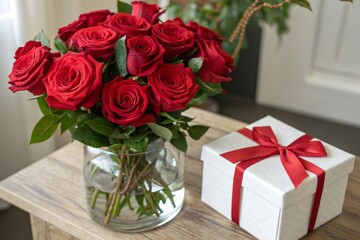 A bouquet of red roses sits next to a white box