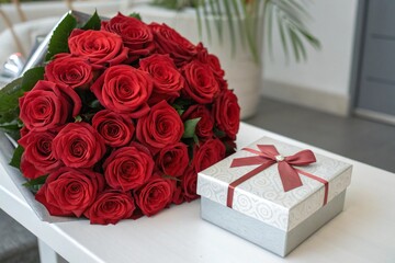 A bouquet of red roses sits next to a white box