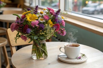 A vase of flowers sits on a table next to a cup of coffee
