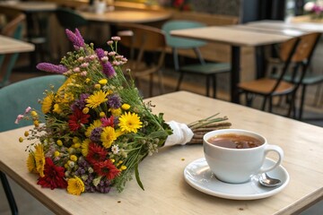 A vase of flowers sits on a table next to a cup of coffee