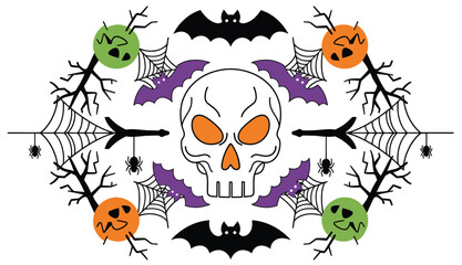 Fototapeta premium Spooky Halloween Skull with Bats and Spiders