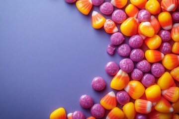 Obraz premium Candy Corn And Purple Round Candies On Blue Background