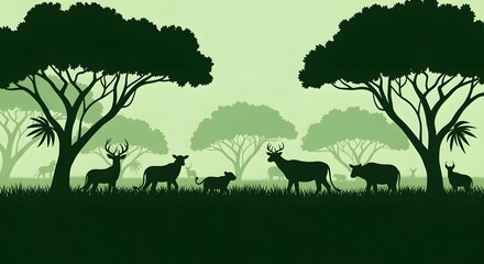 jungle landscape featuring dark green silhouettes of wildlife and trees over light green backdrop, perfect for nature themes