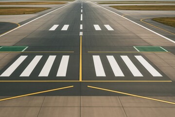 Straight view of an empty airport runway with clear markings and taxiway lines under natural daylight, symbolizing travel and open journeys. Ai generative