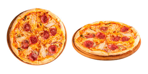 Pizza with salami, smoked chicken on a wooden board, cut into portions, isolated on a transparent background