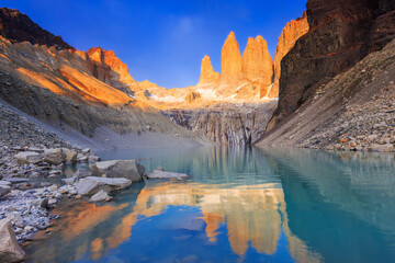 Torres Del Paine National Park, Chile. Sunrise at the Torres lookout.