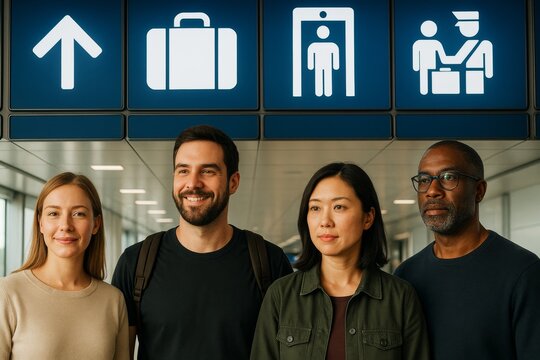 Diverse group of travelers standing under airport signs in modern terminal with bright light and directional icons in the background. Ai generative
