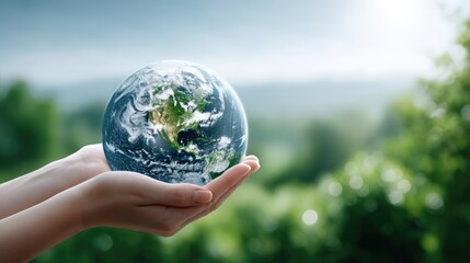 Hands Holding Earth Globe in a Natural Outdoor Environment with Lush Green Foliage and Soft Lighting