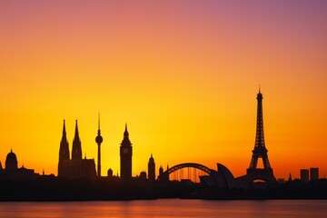 Obraz premium Silhouettes of iconic world landmarks against vibrant orange and purple sunset sky over water with soft gradient light background, abstract concept. Ai generative