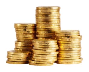 Gold coins stacked high business financial growth isolated on transparent background