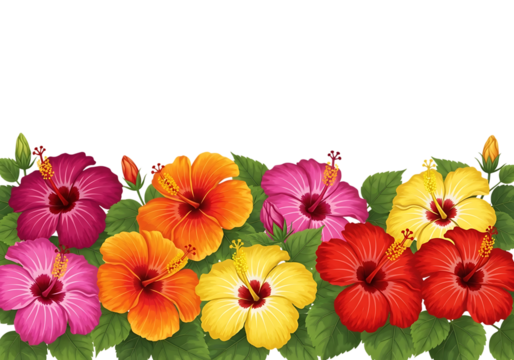 Ultra highresolution, professional studio photography of illustration of a border of colorful hibiscus flowers and green leaves, isolated on transparent background