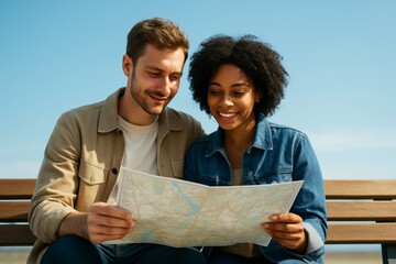 Couple smiling while reading a map together on a bench under clear blue sky on a sunny day with warm light and relaxed outdoor background. Ai generative