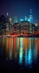 Blurry nighttime cityscape reflected in water