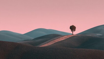 A solitary tree stands atop a gently sloping hill, bathed in a soft, pinkish-purple sunset light.  Rolling hills of muted tones stretch into the distance