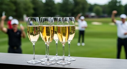Elegant champagne flutes filled with a light-colored sparkling wine on a bar counter, with a blurred backdrop of a professional golf course and a celebratory crowd.