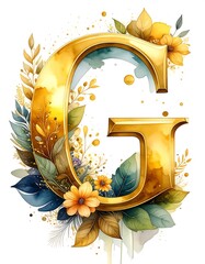 Golden Letter G with Floral Watercolor Accents for Elegant Design.