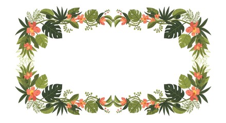 Jungle border clipart with tropical leaves, vines, and flowers forming a frame with blank center, perfect for posters and invitations.