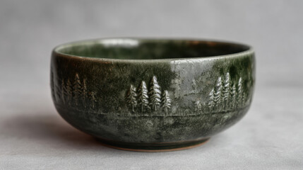 Rustic ceramic bowl with dark green glaze featuring an embossed forest motif, evoking a moody woodland aesthetic