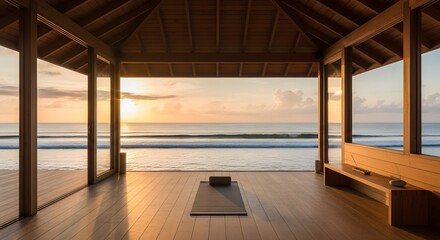 Serene yoga pavilion overlooking ocean sunset