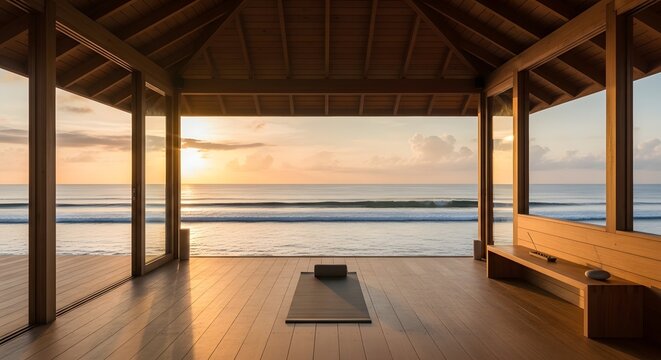 Serene yoga pavilion overlooking ocean sunset