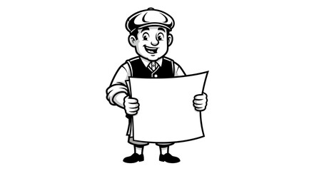 Vintage newspaper delivery boy cartoon character holding blank paper for promotion