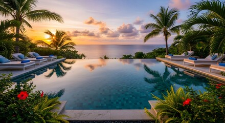 Luxury infinity pool overlooking the ocean at sunset with palm trees