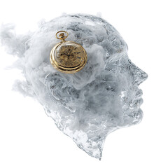 Human Cloud Head with Golden Pocket Watch, Concept of Time and Imagination Isolated on Transparent Background