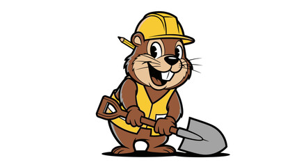 Cartoon beaver wearing a hard hat and vest holding shovel ready for construction work with joyful