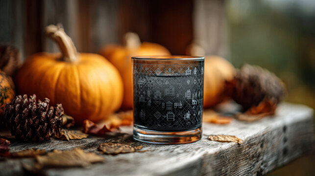 Smoky black cocktail glass with haunted house engraving surrounded by pumpkins and autumn leaves on a rustic wooden table