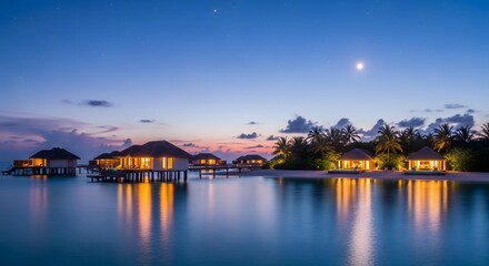 Obraz premium Luxury overwater bungalows at twilight with tropical island and moon