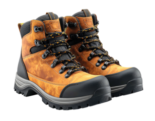 Pair of work boots with orange leather, black accents, and rugged design