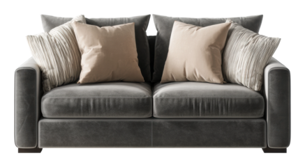 Stylish gray sofa with cushions modern living room furniture design isolated on transparent background