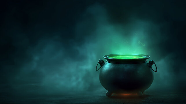 Halloween witch cauldron with green potion bubbling spooky halloween cauldron scene