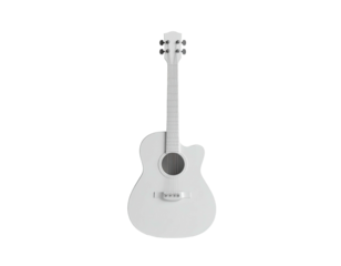Isolated, minimalist, all-white acoustic guitar, centrally positioned, against a black backdrop