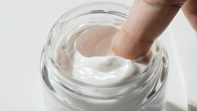 Finger Dipping into Jar of White Cream Cosmetic Product on White Background with Soft Lighting Close Up
