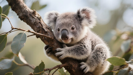 Obraz premium Baby Koala Sitting on a Tree Branch in Nature