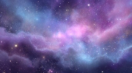 A vibrant cosmic nebula with swirling purple and blue clouds illuminated by distant stars in deep space.