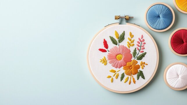 Embroidery hoops, colorful threads, and an intricate floral design taking shape on a piece of fabric.