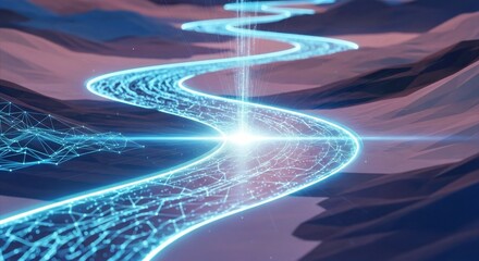 Artificial Intelligence Concepts Flowing in a Stylized Digital River of Innovation