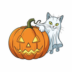 Fototapeta premium Adorable Halloween fun with a cute ghost cat playfully peeking from behind a grinning jack-o'-lantern pumpkin, perfect for seasonal designs