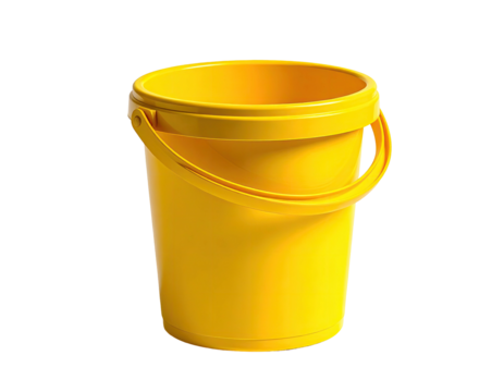 Bright yellow plastic bucket, empty, with a curved handle, isolated on black