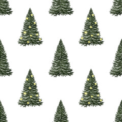 Seamless watercolor Christmas tree pattern. Hand-drawn trees. Perfect for printing on fabrics and Christmas textiles.