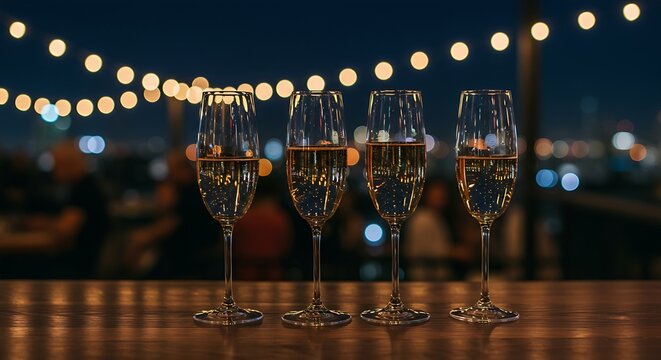 Elegant champagne flutes filled with a light-colored sparkling wine on a bar counter, with a blurred backdrop of a bustling city rooftop with party lights. 