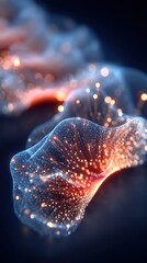 Abstract digital artwork featuring a glowing, particle-filled organic form with flowing, translucent waves and warm light effects